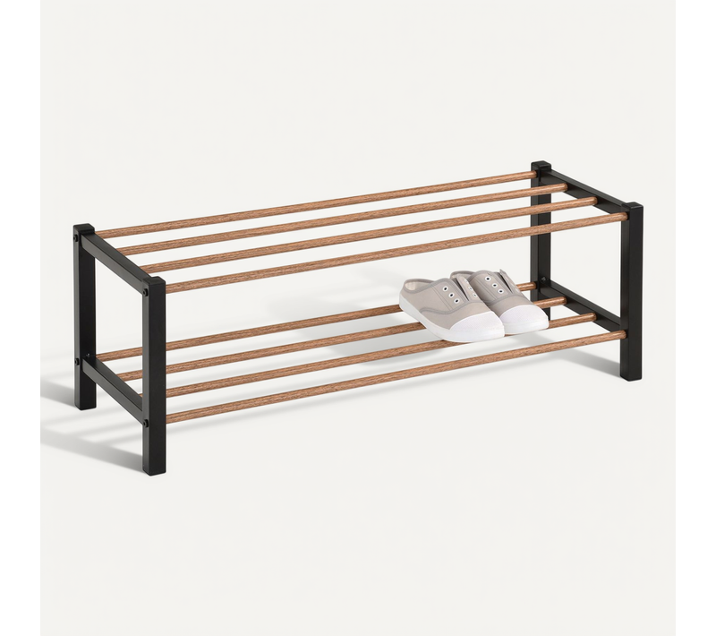 Étagère à Chaussures Waterford, 2 Niveaux En Métal Noir Et Décor Bois