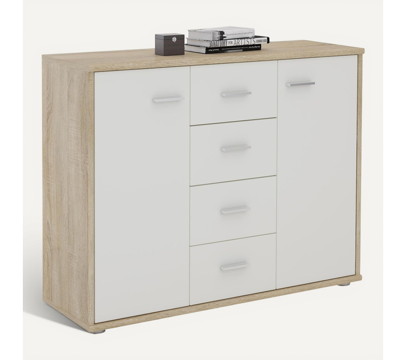 Buffet Elodie, En Mélaminé Décor Chêne Sonoma Et Blanc Mat