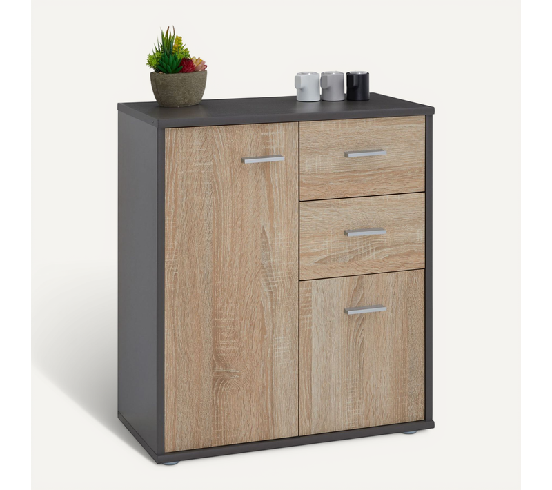 Buffet Remy, En Mélaminé Gris Mat Et Décor Chêne Sonoma