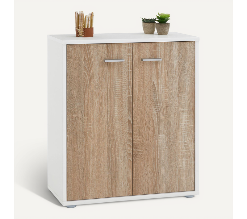Buffet Firmin, En Mélaminé Blanc Mat Et Décor Chêne Sonoma