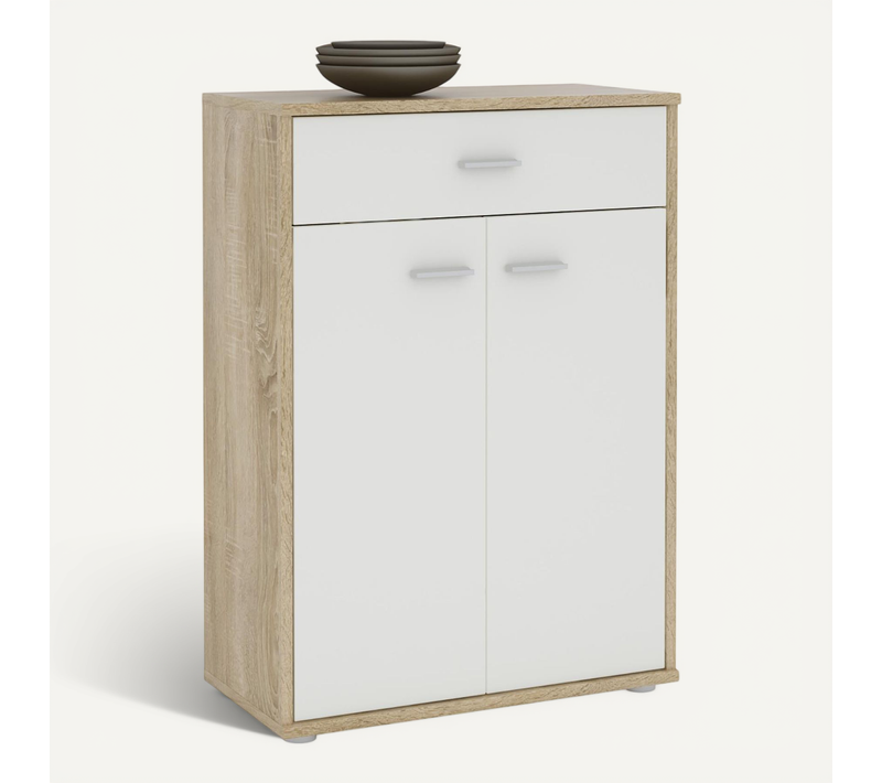Buffet Calais, En Mélaminé Décor Chêne Sonoma Et Blanc Mat