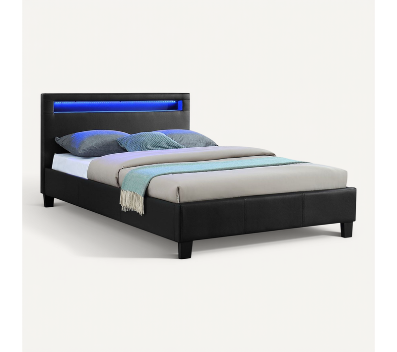 Lit LED Simple Mirando 120x190 Cm, Avec Sommier, Revêtement Synthétique Noir