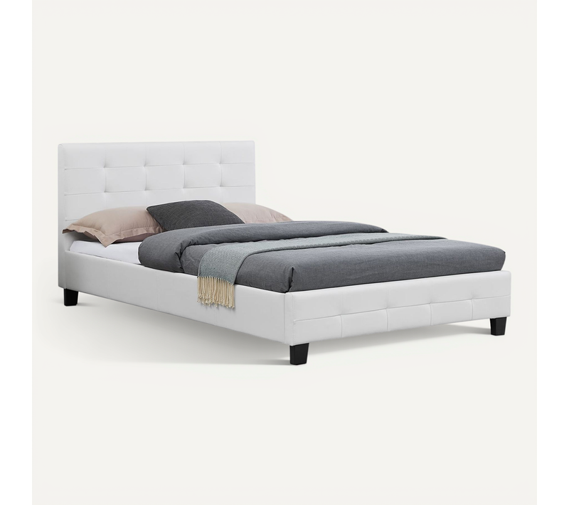 Lit Simple Marlon, 120 X 190 Cm, Capitonné Avec Sommier, Revêtement Synthétique Blanc