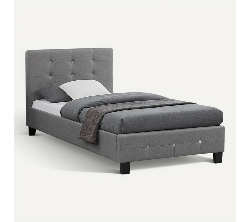 Lit Simple Tico, 90 X 190 Cm, Capitonné Avec Sommier, Revêtement En Tissu Gris