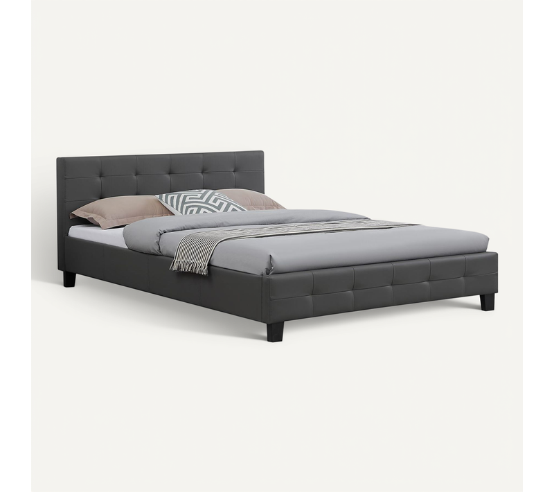 Lit Double Mathieu, 140 X 190 Cm, Capitonné Avec Sommier, Revêtement Synthétique Gris