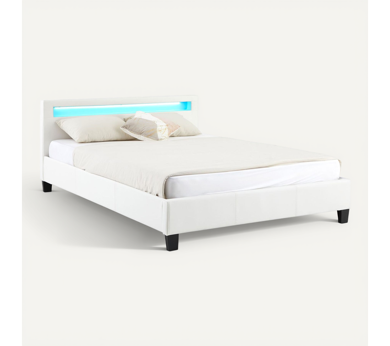 Lit LED Double Pinot 140x190 Cm, Avec Sommier, Revêtement Synthétique Blanc