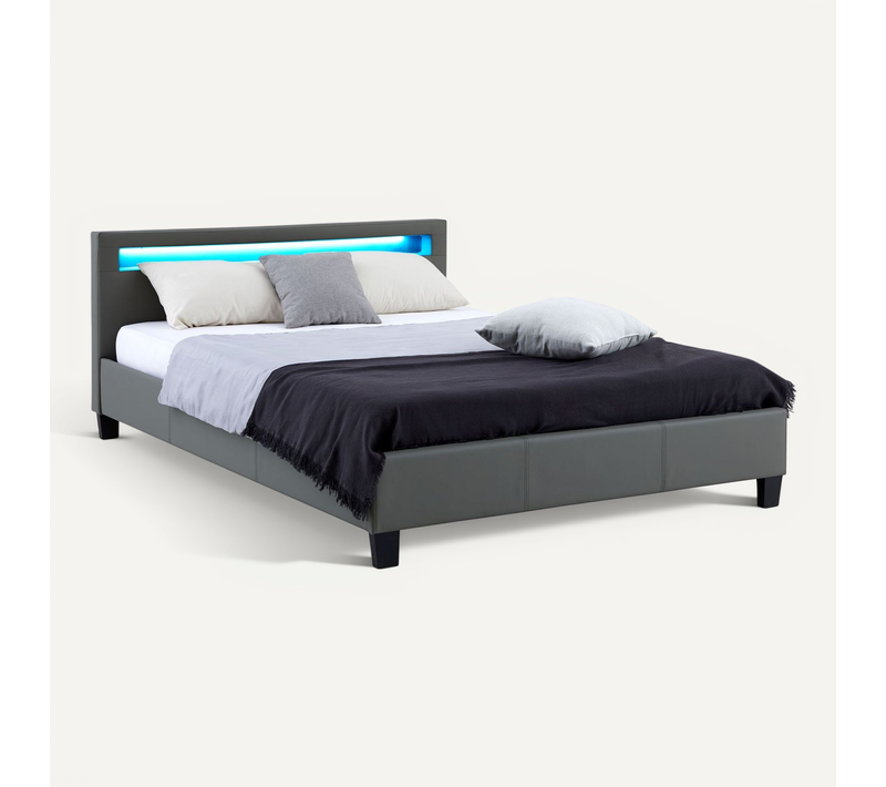 Lit LED Double Pinot 140x190 Cm, Avec Sommier, Revêtement Synthétique Gris