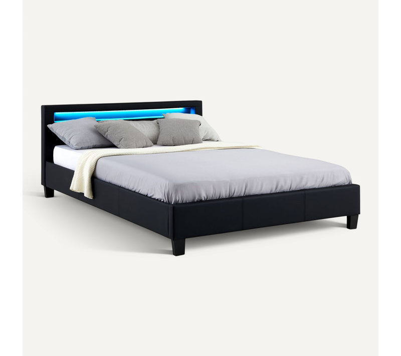 Lit LED Double Pinot 140x190 Cm, Avec Sommier, Revêtement Synthétique Noir