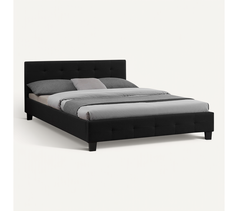 Lit Double Mathieu, 140 X 190 Cm, Capitonné Avec Sommier, Revêtement En Tissu Noir