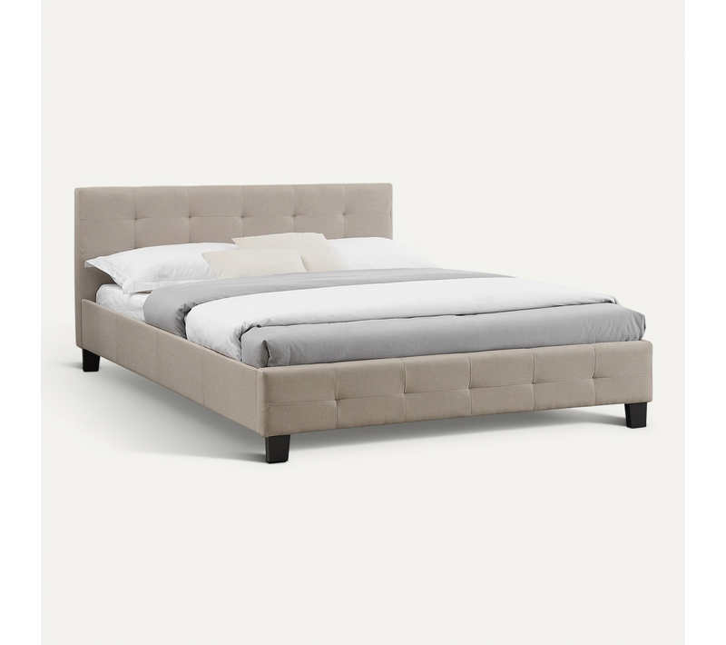Lit Double Mathieu, 140 X 190 Cm, Capitonné Avec Sommier, Revêtement En Tissu Beige