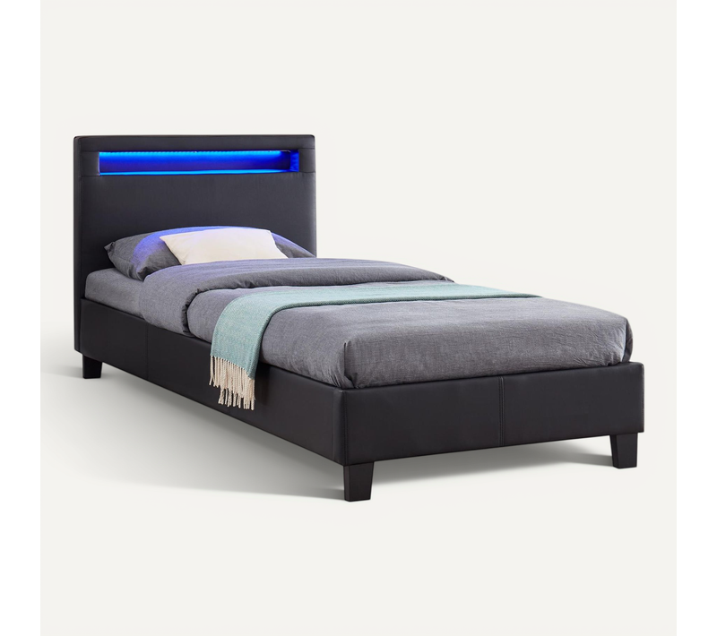 Lit LED Simple Luceno 90x190 Cm, Avec Sommier, Revêtement Synthétique Noir