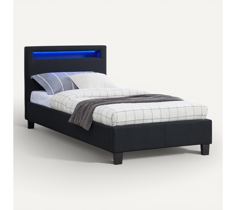 Lit LED Simple Molina 90x190 Cm, Avec Sommier, Revêtement Tissu Noir