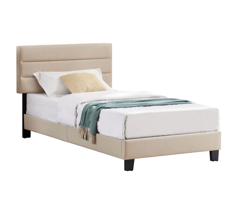 Lit 1 Place Florida, 90 X 190 Cm, Capitonné Avec Sommier, Revêtement En Tissu Beige