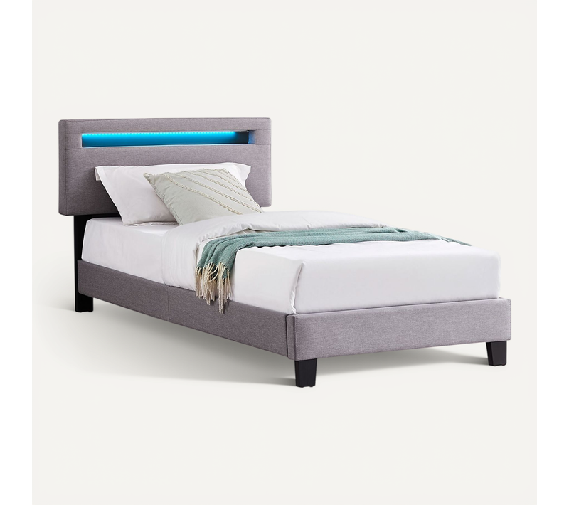 Lit LED Simple Austin 90x190 Cm, Avec Sommier, Revêtement En Tissu Gris