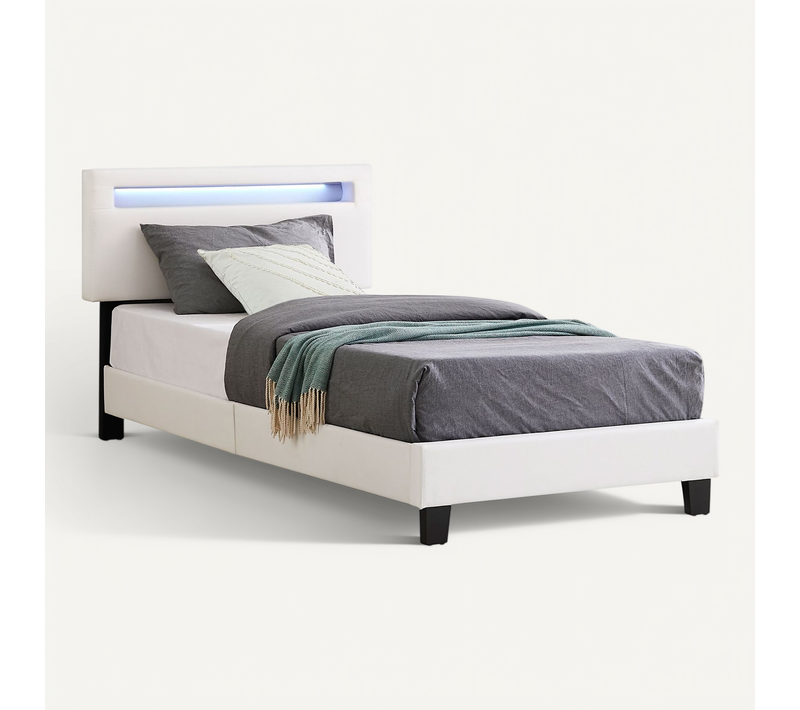 Lit LED Simple Evan 90x190 Cm, Avec Sommier, Revêtement En Synthétique Blanc