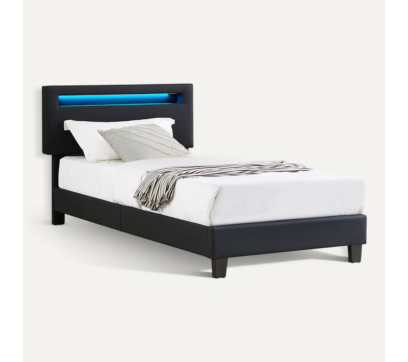 Lit LED Simple Evan 90x190 Cm, Avec Sommier, Revêtement En Synthétique Noir