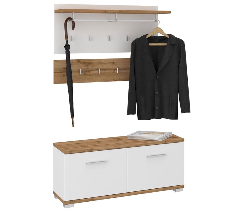 Ensemble Banc De Rangement à Chaussures Et Porte Manteau Viella En Mélaminé Décor Chêne Wotan/blanc