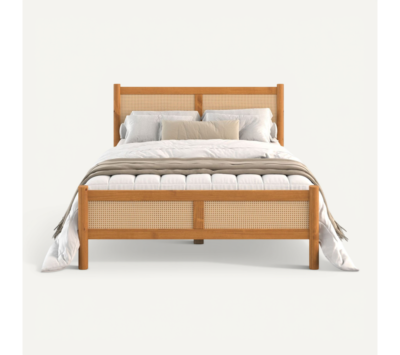 Lit Double Cefira 140 X 190 Cm Avec Tête De Lit En Rotin - Coloris Chêne