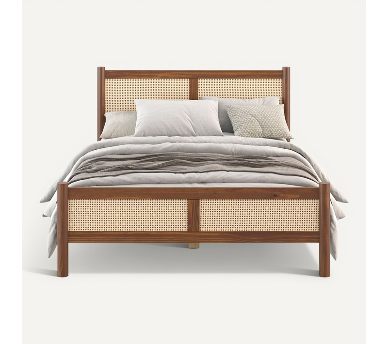 Lit Double Cefira 140x190 Avec Tête De Lit En Rotin - Coloris Châtaigne