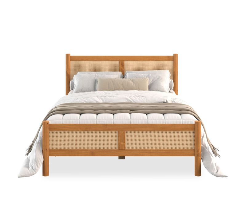 Lit Double Cefira 140x200 Avec Tête De Lit En Rotin - Coloris Chêne