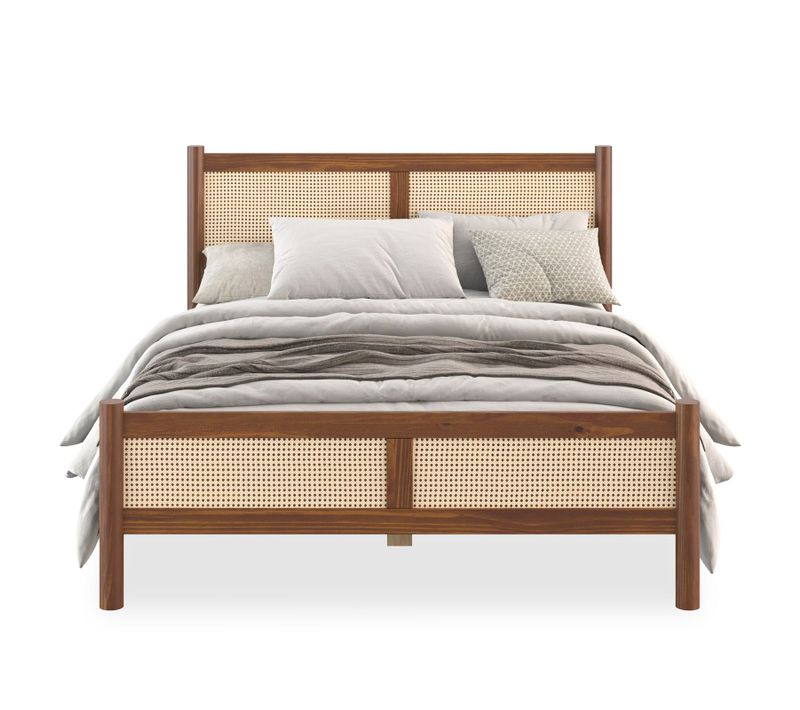 Lit Double Cefira 140x200 Avec Tête De Lit En Rotin - Coloris Châtaigne