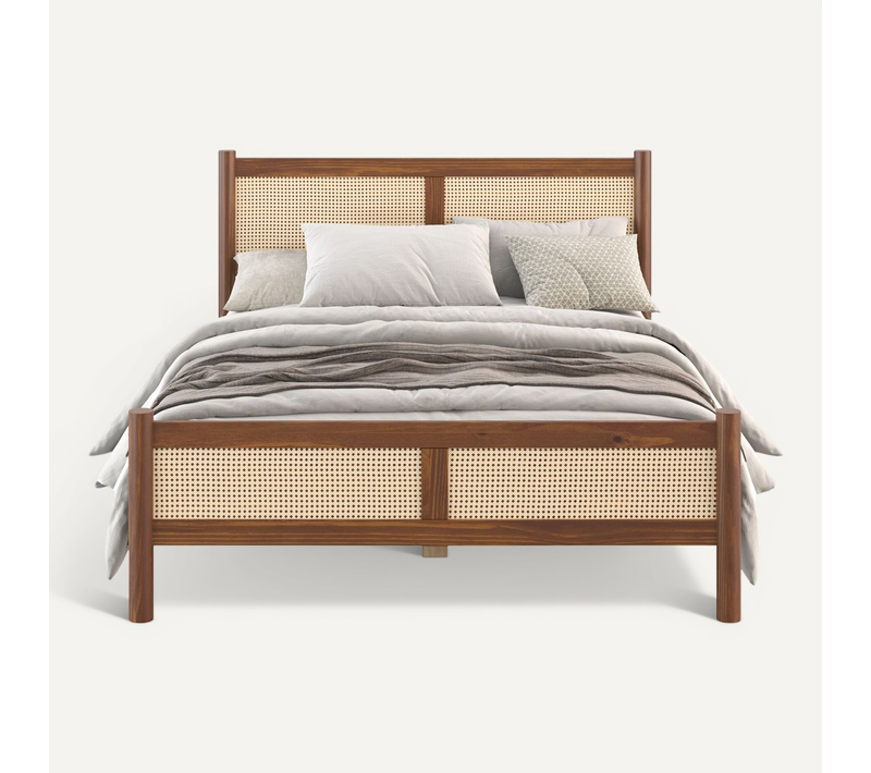 Lit Double Cefira 160x200 Avec Tête De Lit En Rotin - Coloris Châtaigne