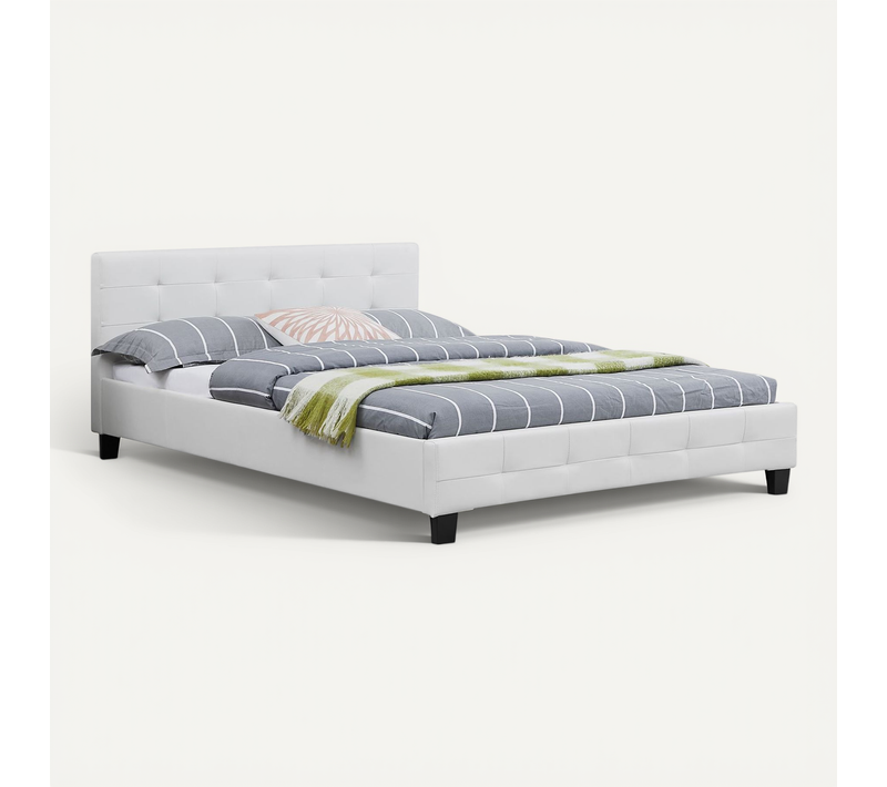 Lit Double Mathieu, 140 X 190 Cm, Capitonné Avec Sommier, Revêtement Synthétique Blanc