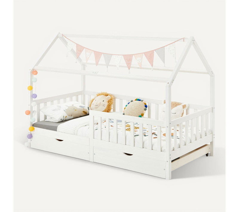 Lit Cabane Nuna Avec Tiroirs, 90 X 200 Cm En Pin Massif Lasuré Blanc
