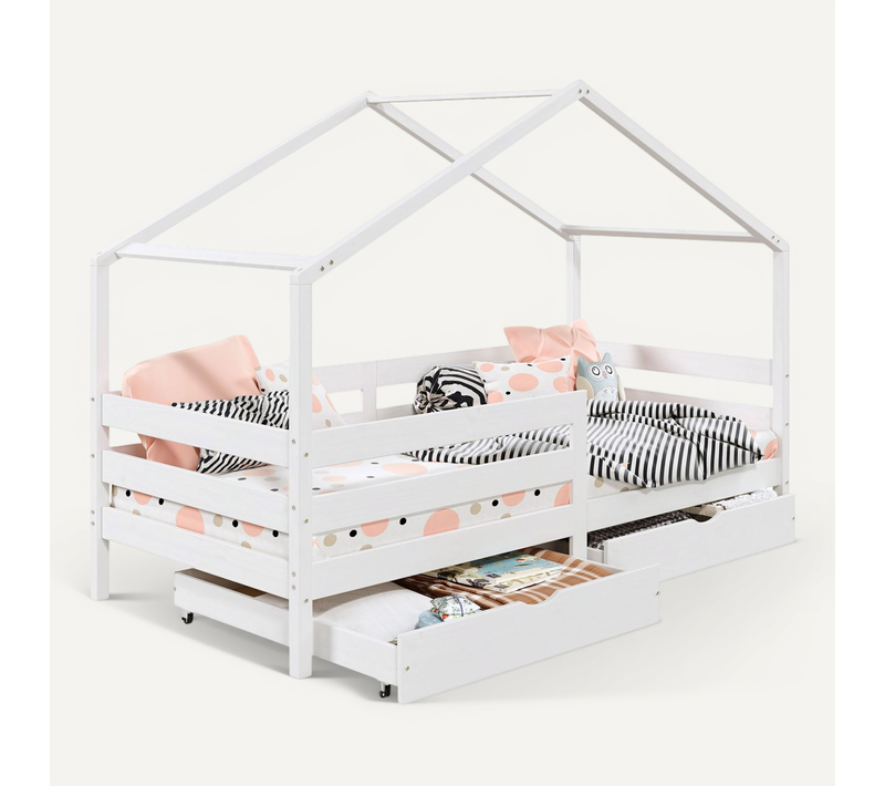 Lit Cabane Ena Avec Tiroirs, 90 X 190 Cm En Pin Massif Lasuré Blanc