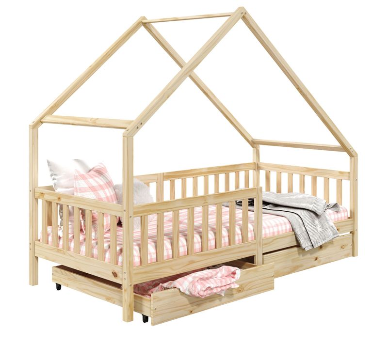 Lit Cabane  Asymétrique Alva Avec Tiroirs, 90 X 200 Cm En Pin Massif Naturel