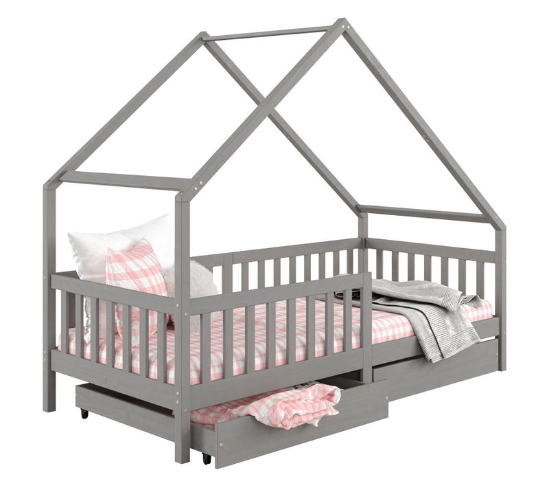 Lit Cabane Asymétrique Alva Avec Tiroirs, 90 X 200 Cm En Pin Massif Lasuré Gris