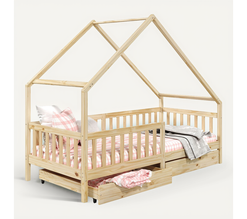 Lit Cabane Asymétrique Alva Avec Tiroirs, 90 X 190 Cm En Pin Massif Finition Naturelle