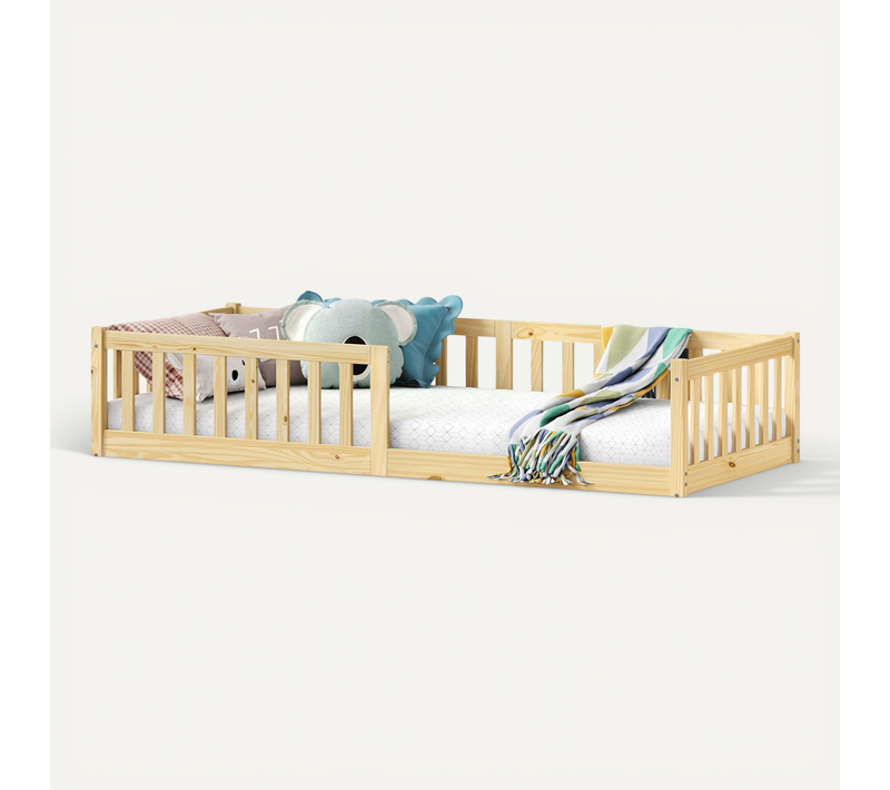Lit Enfant Gustavo Type Montessori, Couchage 90x190 Cm, En Pin Massif Naturel