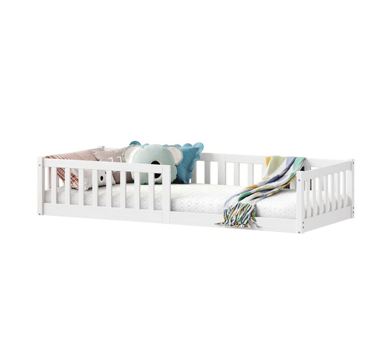 Lit Enfant Gustavo Type Montessori, Couchage 90x190 Cm, En Pin Massif Lasuré Blanc