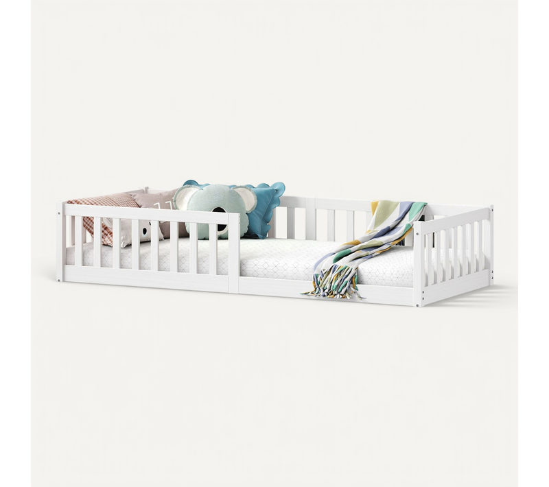 Lit Enfant Gustavo Avec Sommier Type Montessori 90x190 Cm En Bois Massif - Blanc