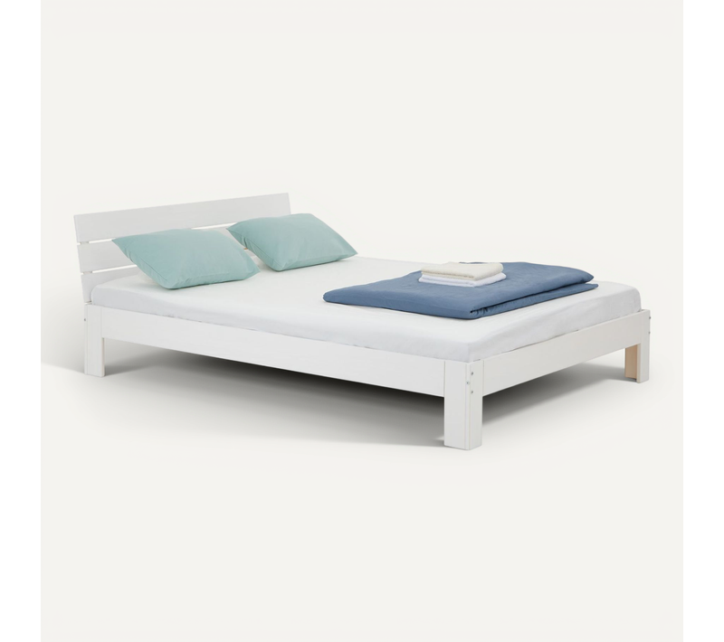 Lit Double Thomas, En Pin Massif, 140 X 190 Cm, Lasuré Blanc