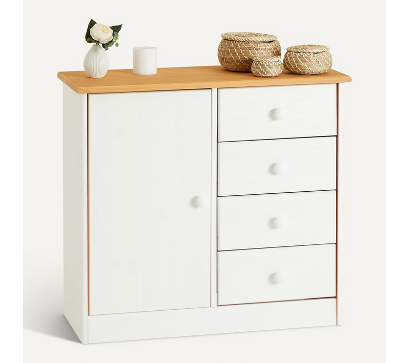 Commode Rondo En Pin Massif, 4 Tiroirs Et 1 Porte, Lasuré Blanc/brun