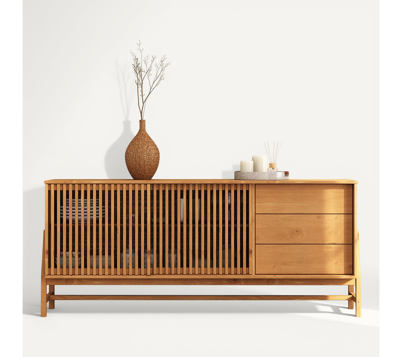 Buffet Adamo 2 Portes, 3 Tiroirs En Bois Massif - Coloris Chêne