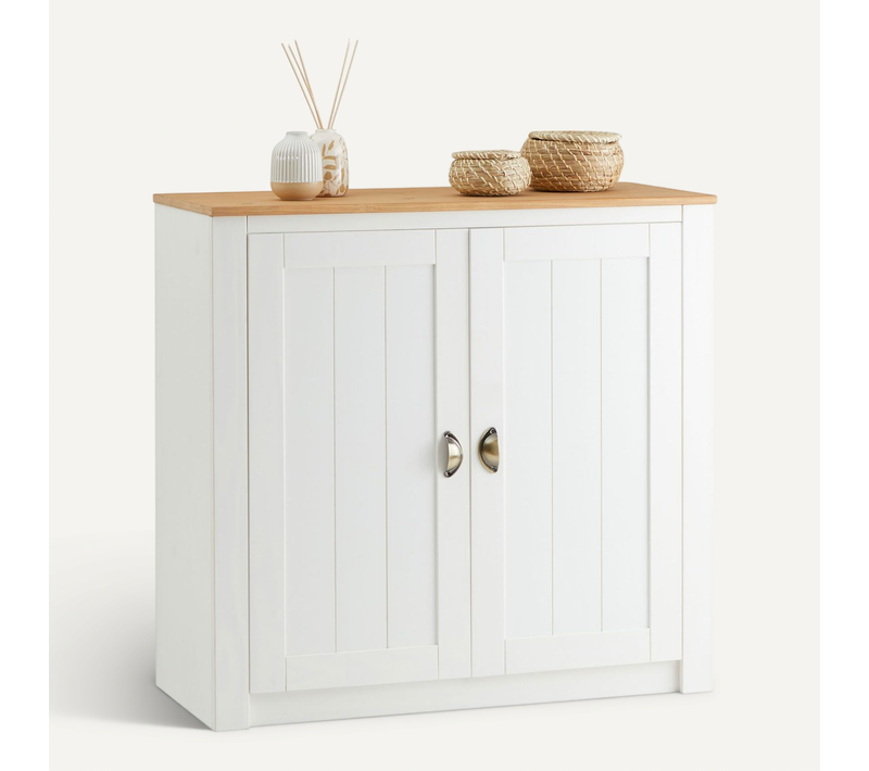 Buffet Bolton Avec 2 Portes, En Pin Massif Lasuré Blanc Et Brun