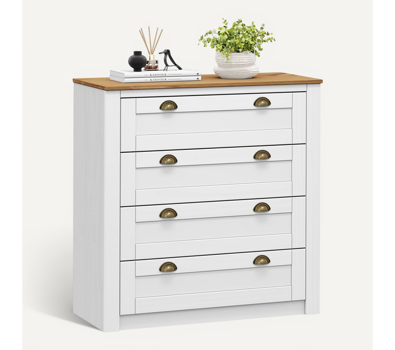 Commode Bolton Avec 4 Tiroirs, En Pin Massif Lasuré Blanc Et Brun