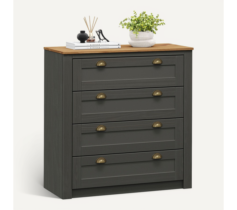 Commode Bolton Avec 4 Tiroirs, En Pin Massif Lasuré Gris Anthracite Et Brun