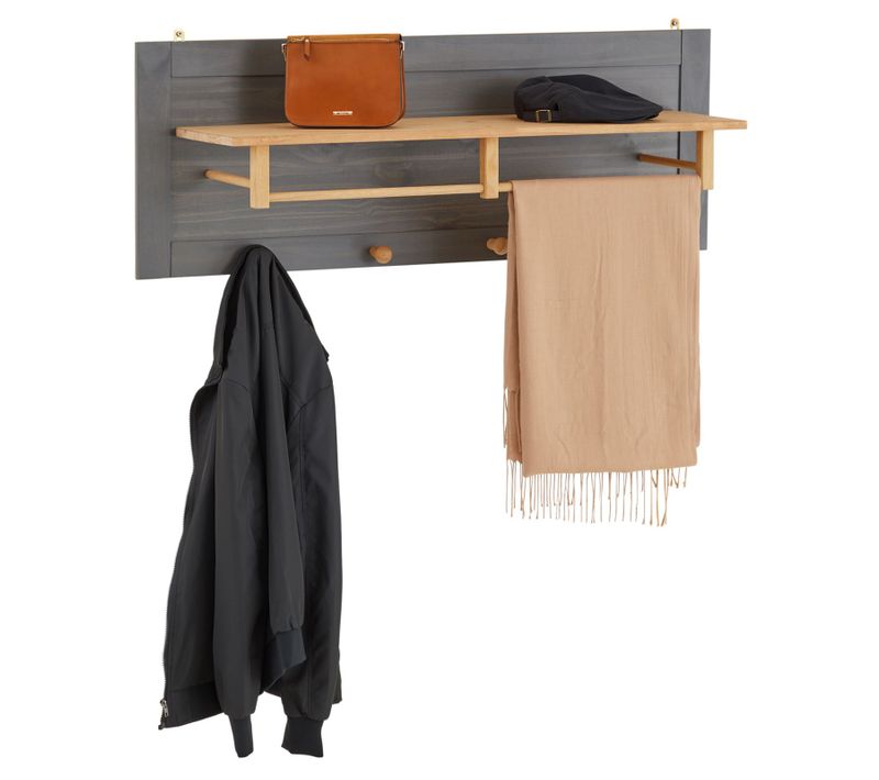 Portemanteau Mural 4 Crochets 1 Étagère Bolton En Pin Massif Anthracite Et Brun