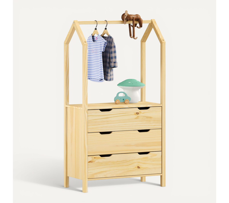 Commode Amira Type Montessori, Avec 3 Tiroirs, En Pin Massif Naturel