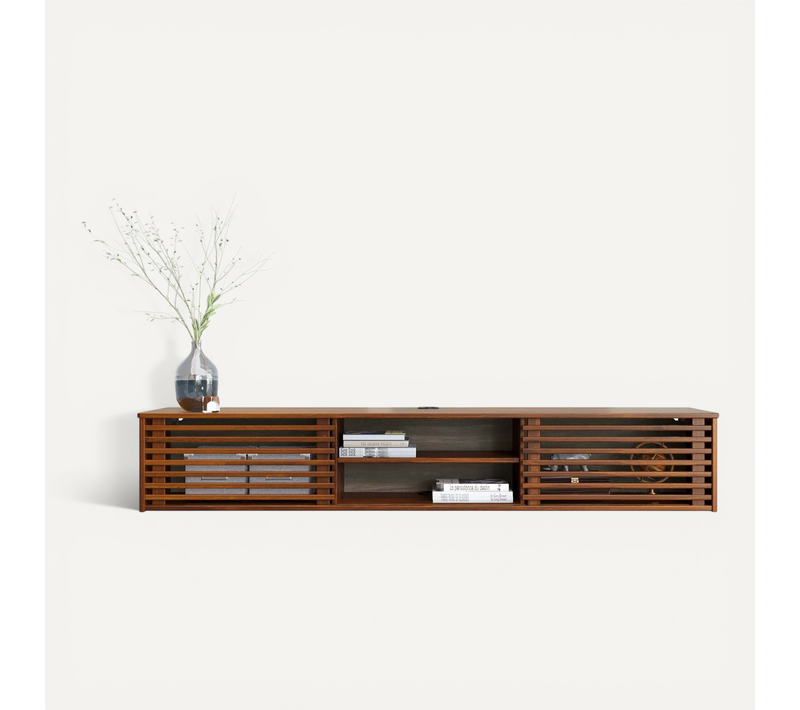 Meuble TV Suspendu Rian 175 Cm Avec Portes Coulissantes, En Bois Massif - Coloris Châtaignier