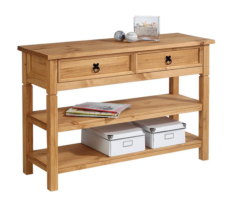 Table Console En Pin Tequila Style Mexicain, 1 Tiroir Et 2 Étagères, Finition Teintée/cirée