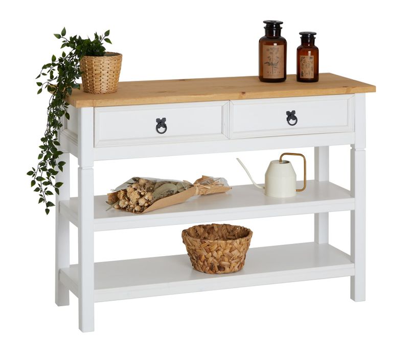 Table Console En Pin Tequila Style Mexicain, 1 Grand Tiroir Et 2 Étagères, Lasuré Blanc Et Brun