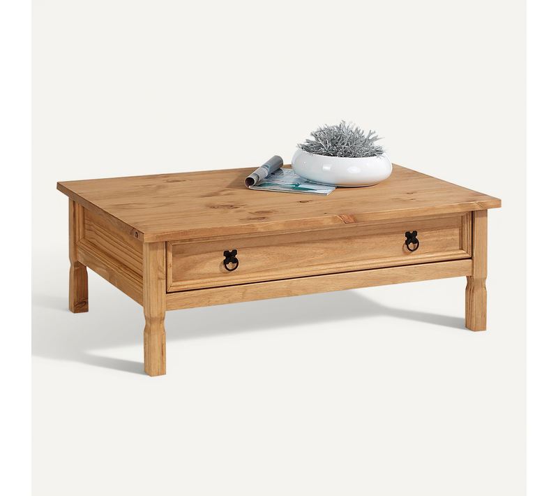 Table Basse En Pin Tequila Style Mexicain, Avec 1 Tiroir, Finition Teintée/cirée