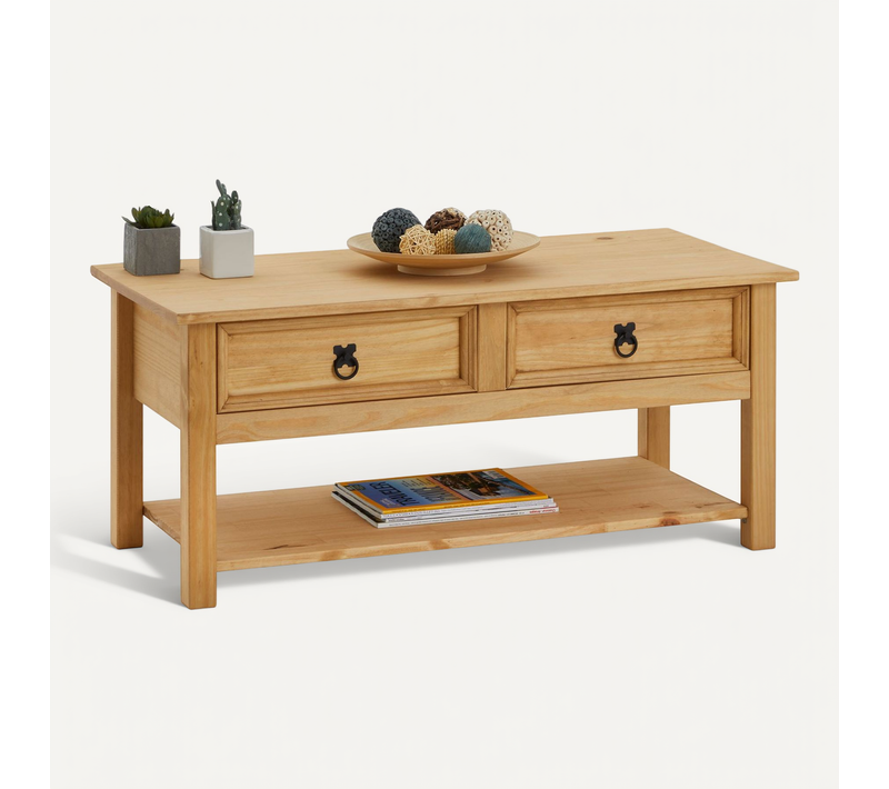 Table Basse Tequila Style Mexicain Avec 2 Tiroirs, En Pin Massif Finition Teintée/cirée