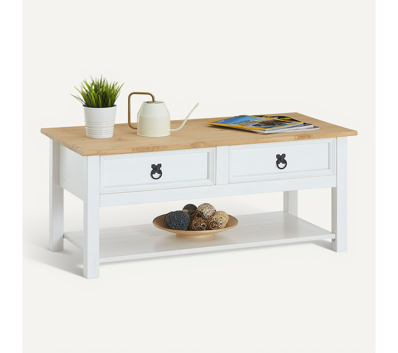 Table Basse Tequila Style Mexicain Avec 2 Tiroirs, En Pin Massif Blanc Et Brun