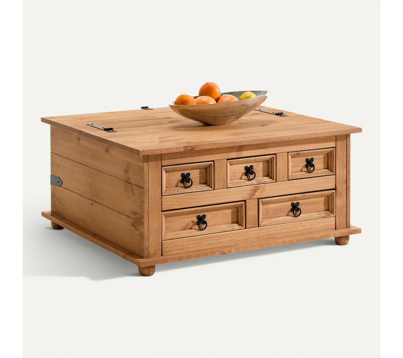 Table Basse Coffre En Pin Tequila Style Mexicain, Avec 5 Tiroirs, Finition Teintée/cirée
